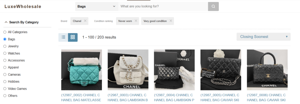 Buyee LuxeWholesale interface showing pre-owned Chanel bags using filtered search